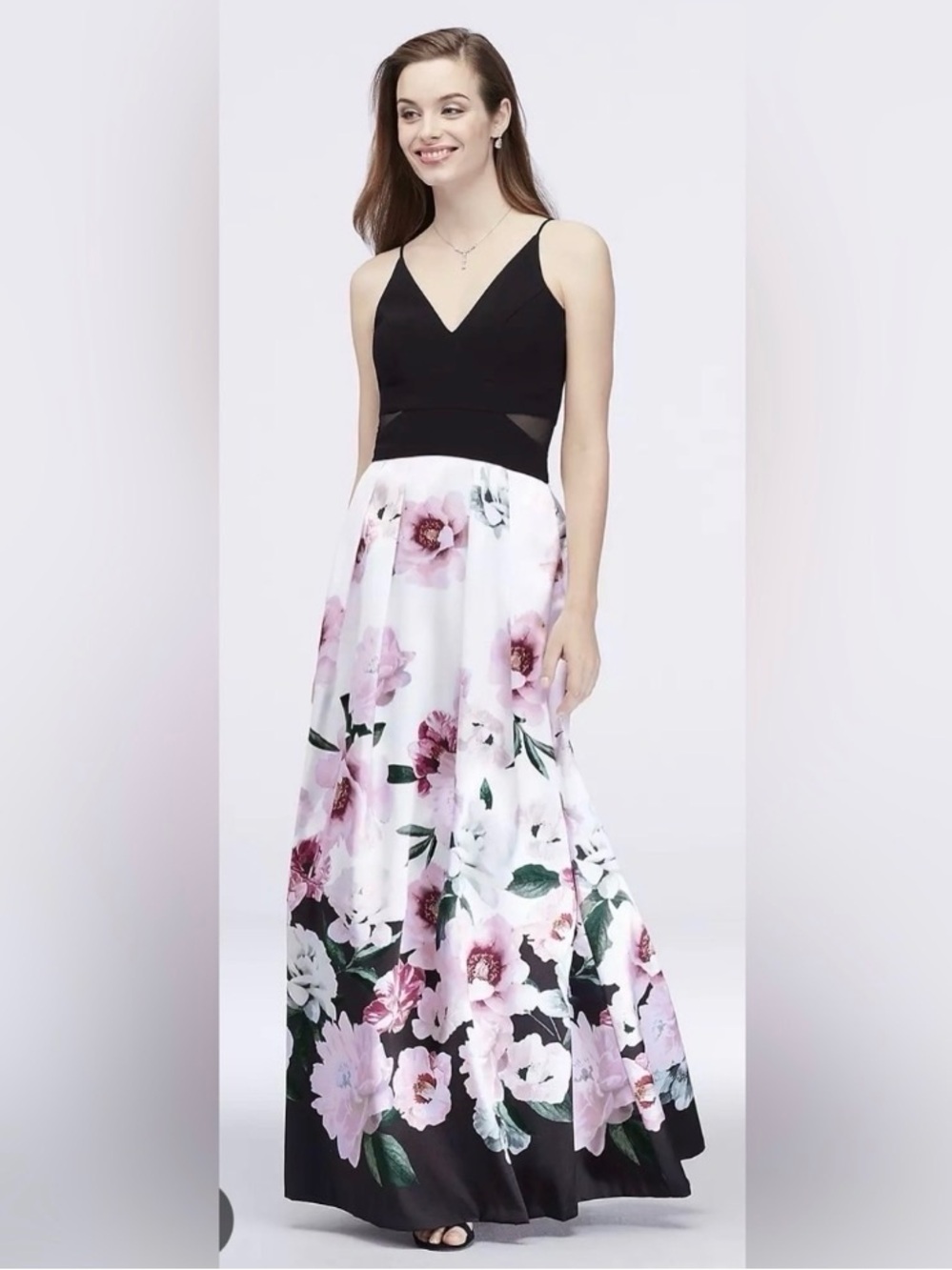 XSCAPE Black White Pink Floral High Low Hi-Lo Sheer Cut-Out Gown Maxi Dress 4 US